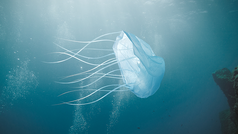 En plastpose formet som en glassmanet. Illustrasjon. 