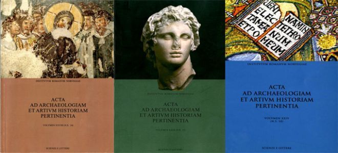 Kollasj av tre forsider med teksten ad archaeologiam et artium historiam pertinentia.