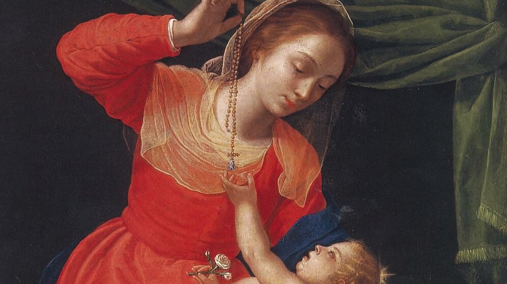 Jomfru Maria og jesusbarnet. Mor og barn, mor holder en medaljong som barnet leker med