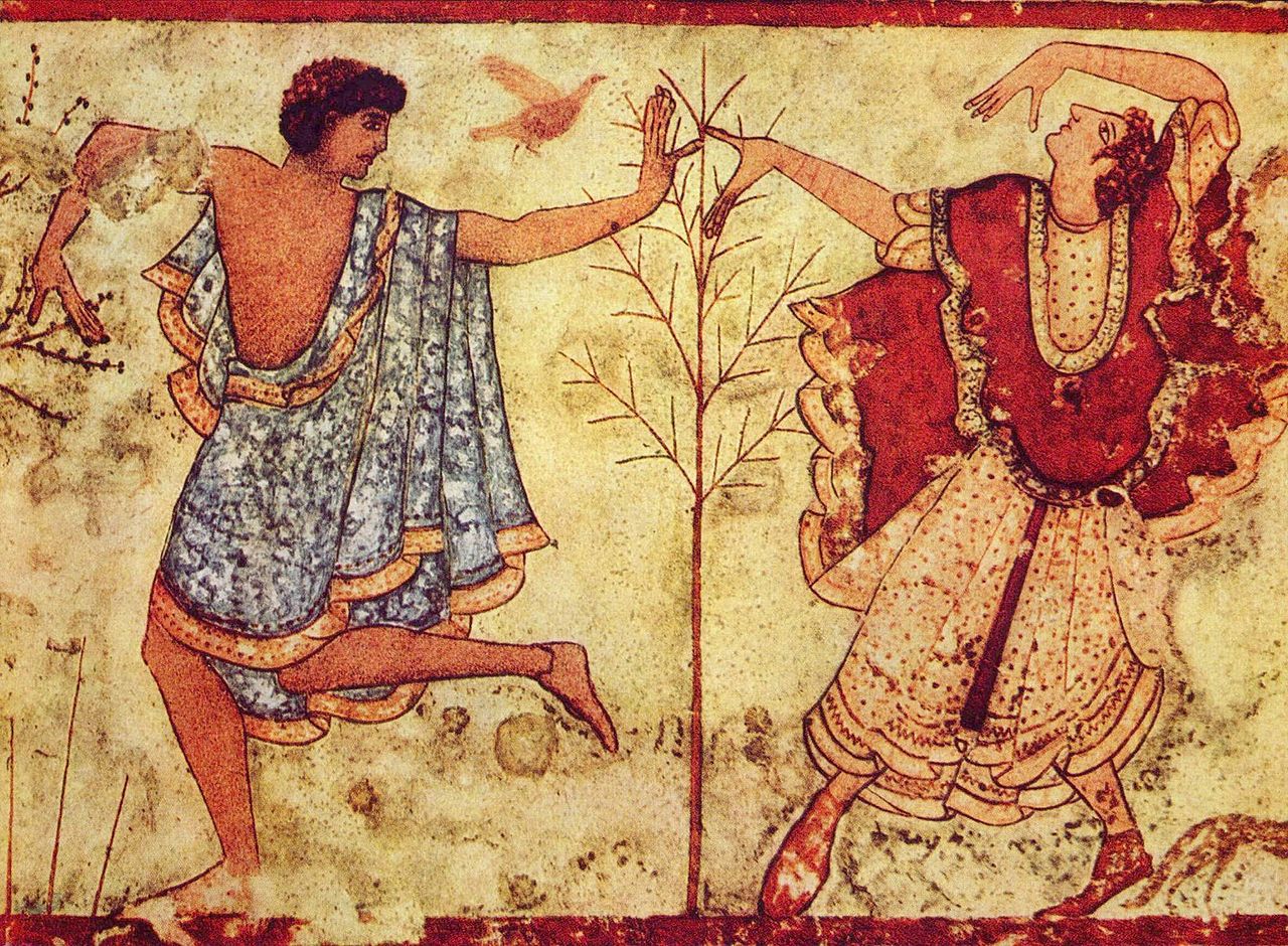 A man in a blue skirt and a man in a red skirt. Wall painting.