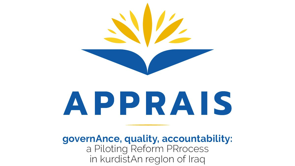 Apprais logo in dark blue and yellow saying governance, quality, accountability: a Piloting Reform PRocess in kurdistAn reglon of Iraq