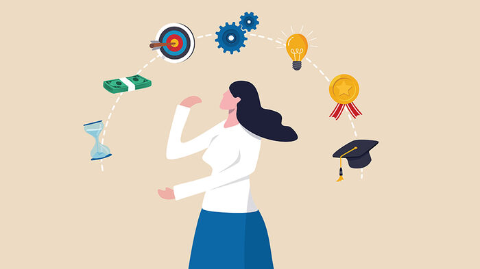 An illustration of a woman. A hour glass, a stack of bills, a dart board, two gears, a lightbulb, a medal and a graduation hat floats around her. 