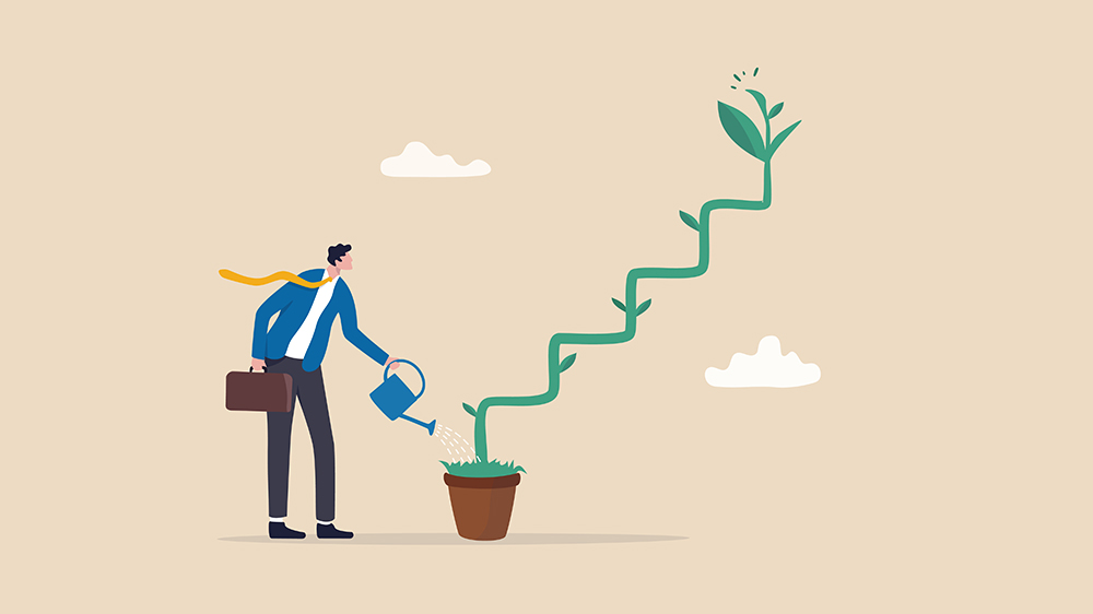 An illustration of a man in a suit, watering a plant that grows upwards in steps. 