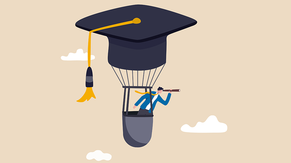 An illustration of a man in a balloon basket holding a telescope. The "balloon" is a graduation hat. 