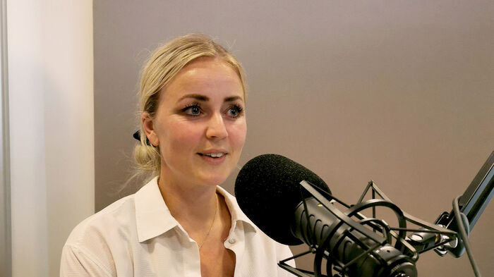 Sarah Bro Trasmundi in the podcast studio.