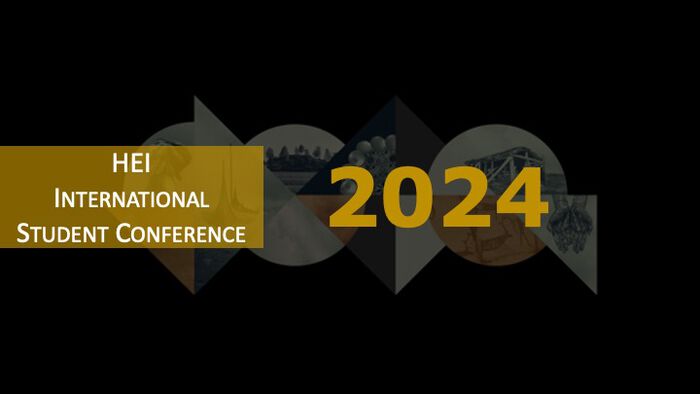 HEIs gule logo på sort bakgrunn med skriften: HEI - International Student Conference 2024