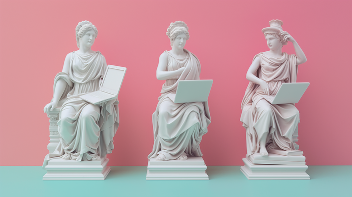 three classical statues with laptops, green and pink background
