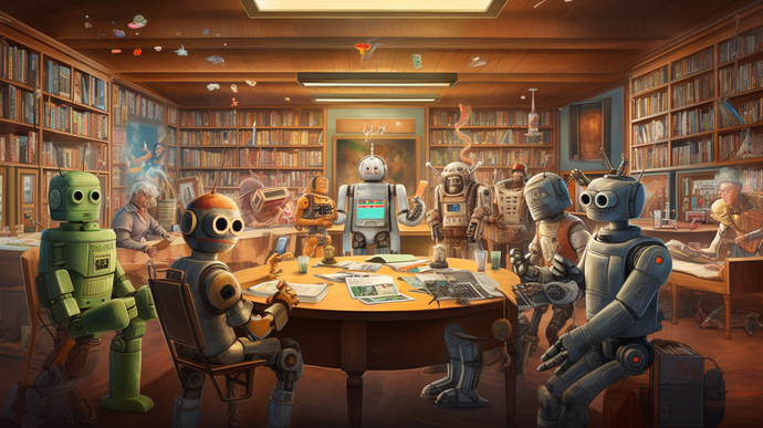 Robots hanging out in a room with bookshelves lining the wall