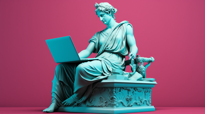 Classical statue with laptop, pink background