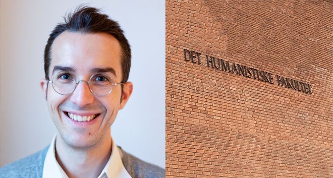 Collage featuring two images. 1. Headshot of a white male with short brown hair and glasses. 2.  Brick wall lettered with The Faculty of Humanities in Norwegian