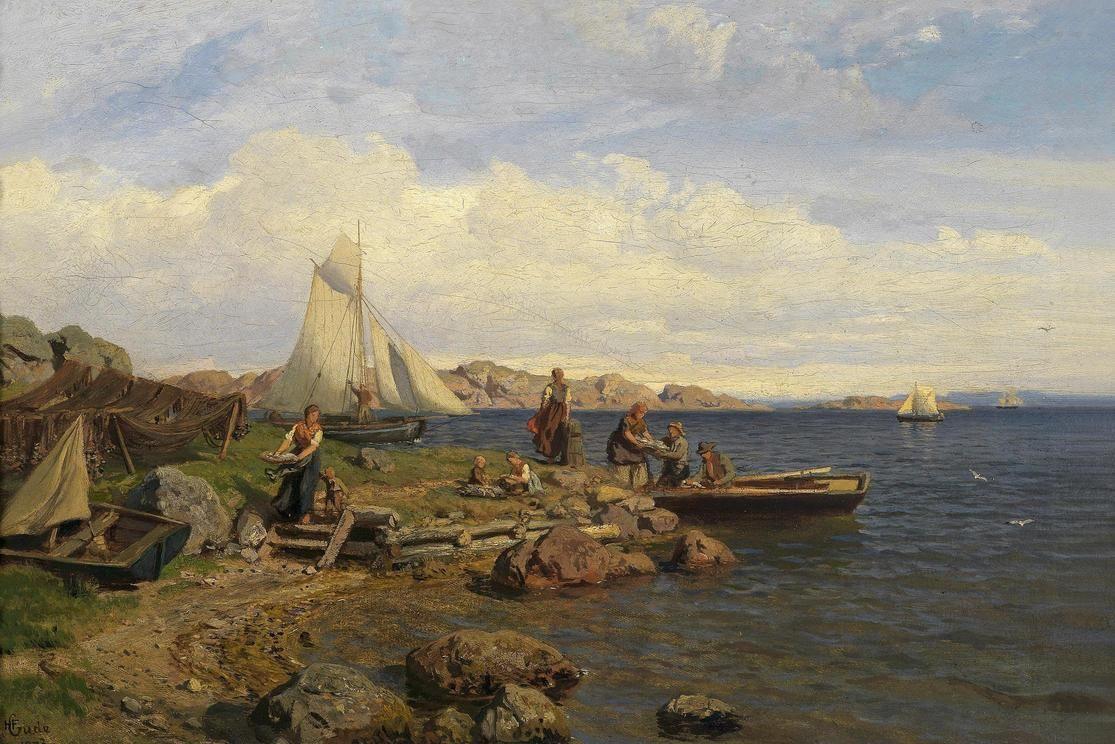 Oil painting on canvas. Norwegian coastal area with a sailing ship in the background. In the foregound ther are fishermen landing their cargo ashore. 