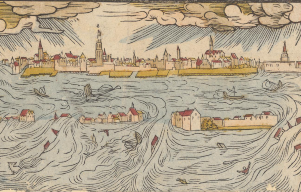 Painting of the storm flood in Antdorf [Antwerpen] in November 1570. 