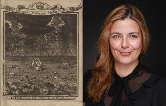 On the left picture: Drawing of a stormflood. Animals and people drown in the water. On the right picture: Portrait of Joana van de Löcht.