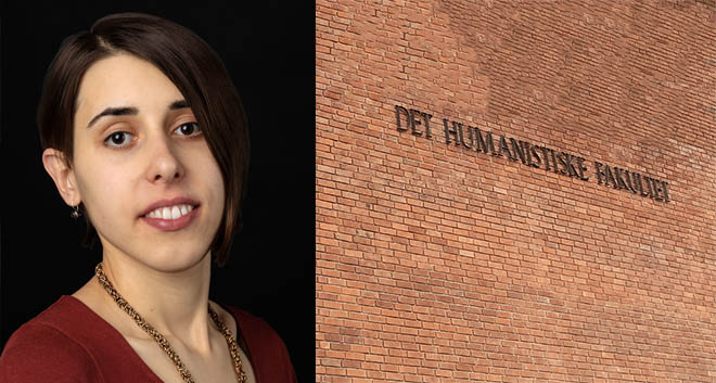 Doctoral candidate Klaudia Dominika Karpińska, wall with text "Det humanistiske fakultet"