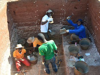 After finding archaeological sites, the researchers&amp;#160;put in square excavation pits with the aid of a&amp;#160;local field crew. Left to right: Brown Luhanga, Henry Kalinga, Petros Mwanganda, Joel Kalua and&amp;#160;Moses Nyondo.