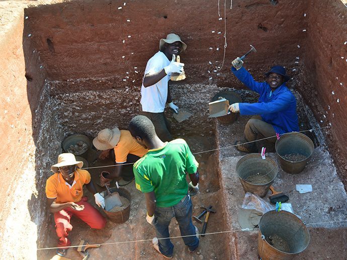 After finding archaeological sites, the researchers put in square excavation pits with the aid of a local field crew. Left to right: Brown Luhanga, Henry Kalinga, Petros Mwanganda, Joel Kalua and Moses Nyondo.