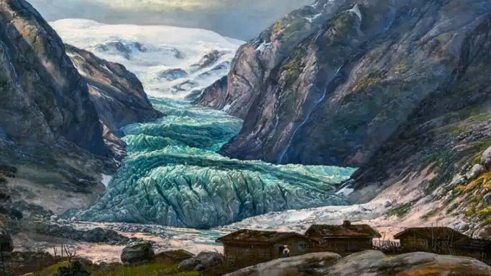 A 19th century picture of a Norwegian glacier in a valley.