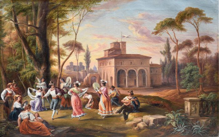Painting showing people frolicking in a back gardens of Rome in the 1800s