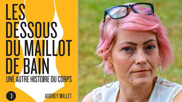 The image is split into two sections. On the left side, the cover of Audrey Millet's book and on the right a photographic portrait of Audrey Millet. She is a white woman with pink hair. A pair of black glasses rest upon her head. The book to the left is yellow and has black typography.