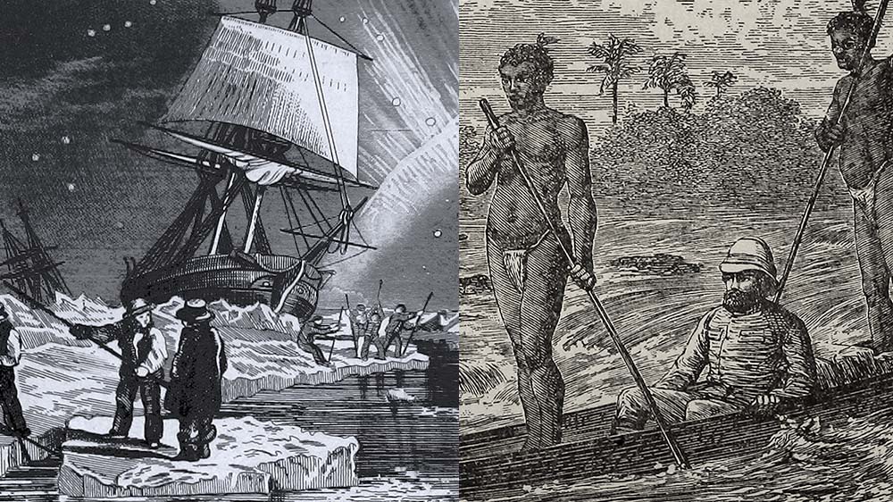 Drawing of ship and men in polar regions, from the book "Recent Expeditions to the Polar Regions". Drawing from “Stanley and the white heroes in Africa"; being an edition from Mr. Stanley's late personal writings on the Emin Pasha relief expedition.