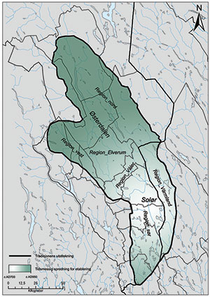 Utstrekning og tidsmessig spredning av jernutvinning i Hedmark, ca AD 700-950.