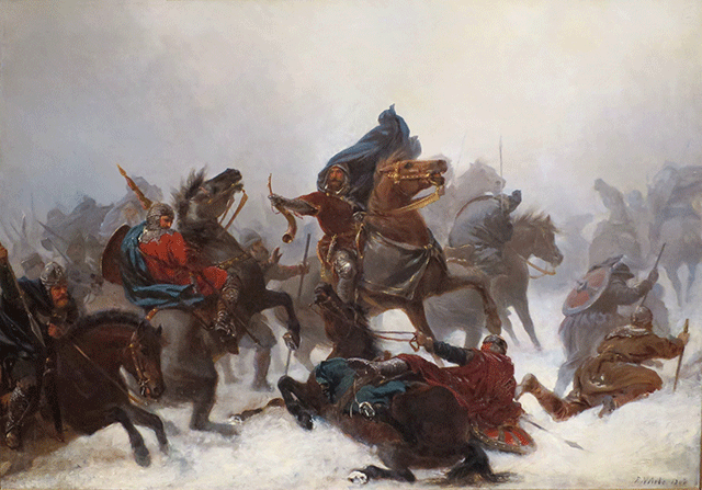 Cirka 10 hester med soldater i et snøkledt landskap. Én hest og noen av soldatene ligger på bakken. Maleri