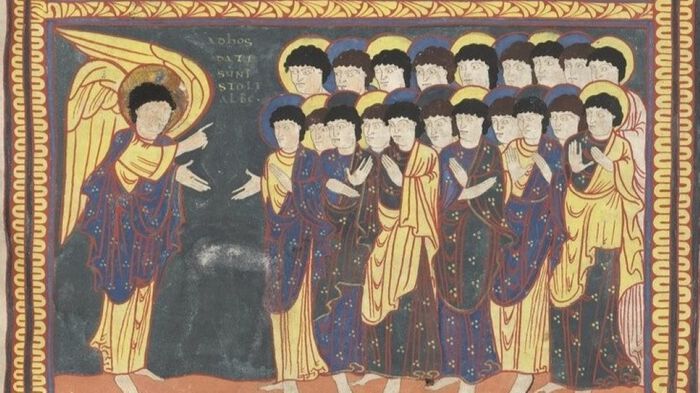 Twenty men dressed in robes stand in a row next to an angelic figure who is talking to them, as suggested by their hand pointing. Illustration.
