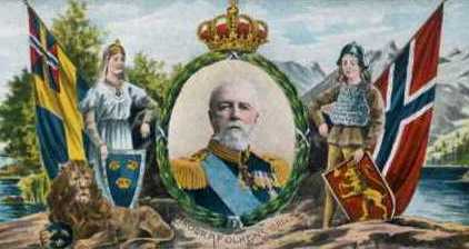 Et stort portrett av kongen med to soldater på hver side, en med et unionsflagg og en med det norske flagget. Illustrasjon.
