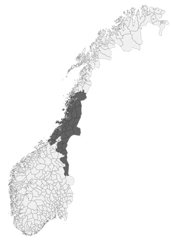 Illustrert kart over Norge i ulike nyanser av grått og hvitt. Områder for samisk bosetning og reindrift er merket i mørkegrått.