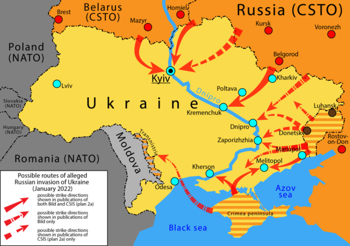 Illustrert kart over Ukraina som viser mulige ruter for russisk invasjon. Ukraina er gult, Russland er oransj. Til venstre er Romania, Ungarn, Slovakia og Polen farget i grått og nederste er Svartehavet vist i blått.