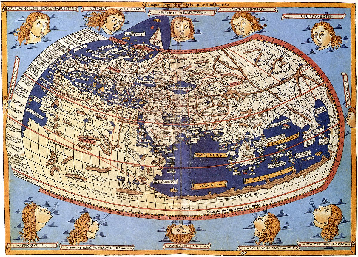 Gammelt, illustrert verdenskart. Kartet er omringet i lyseblått og det er ti hoder illustrert rundt kartet.