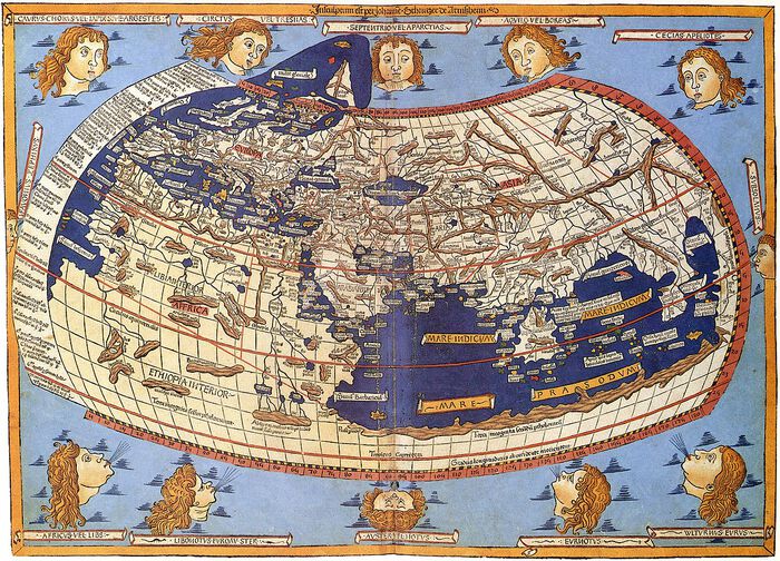 Gammelt, illustrert verdenskart. Kartet er omringet i lyseblått og det er ti hoder illustrert rundt kartet.