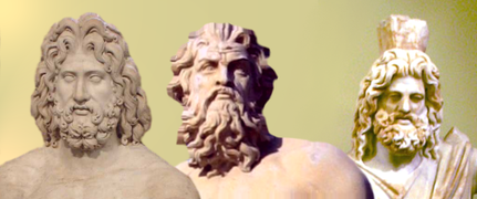 Bilde av statuer av de greske gudene Zeus, Poseidon og Hades