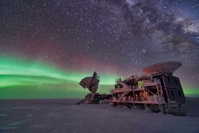 South Pole Telescope in Winter with southern lights.