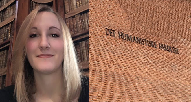 Doctoral candidate Francesca Canepuccia, wall with text "det humanistiske fakultet"