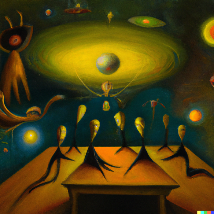 An abstract illustration of quantum non-locality in the style of Hieronymous Bosch. Lightbulb-like figures congregate around the center, where one holds up an orange disc with a a sphere coming out of it. 