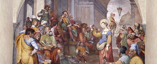 Painting of Saint Catherine surrounded by a group of male philosophers.