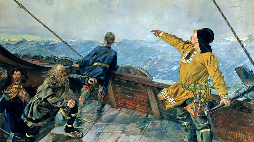 Six men in a sailboat on the sea. One of them points towards the horizon. Painting.
