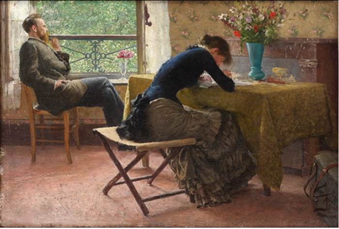 En mann sitter og ser ut av et vindu, og en kvinne sitter b?yd over et bord. Maleri.  vindu og en kvinne ved et bord