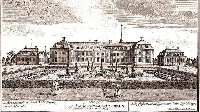 Old illustration of Sorø Academy with gardens.
