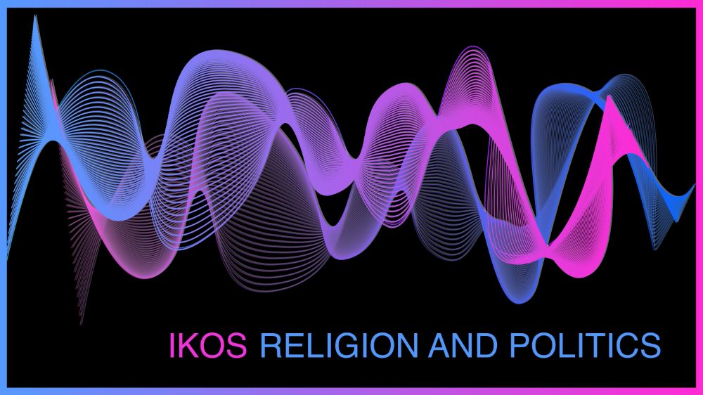 Sound waves in blue, pink and purple. IKOS written in pink and Religion and politics in blue. Illustration.