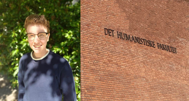 Doctoral candidate Leonoor Zuiderveen Borgesius, wall with text "Det humanistiske fakultet"