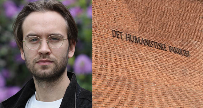 Doctoral candidate Emil Flatø, wall with text "det humanistiske fakultet"