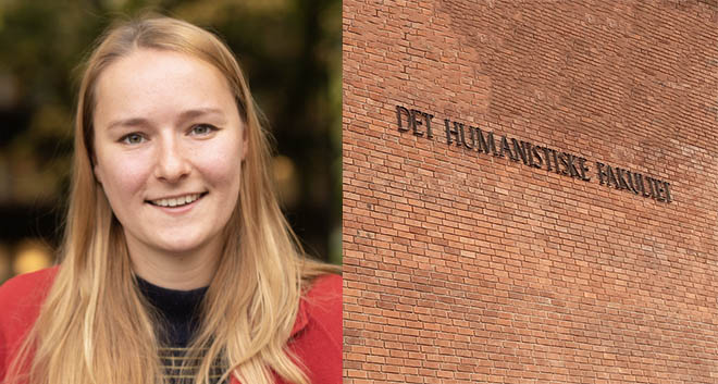 Doctoral candidate Laura op de Beke, wall with text "det humanistiske fakultet"