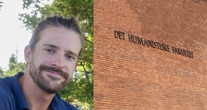 PhD candidate Marius Palz, wall with text "Det humanistiske fakultet"