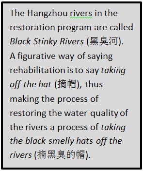 Text Box: The Hangzhou rivers in the restoration program are called Black Stinky Rivers (黑臭河). A figurative way of saying rehabilitation is to say taking off the hat (摘帽), thus making the process of restoring the water quality of the rivers a process of taking the black smelly hats off the rivers (摘黑臭的帽).