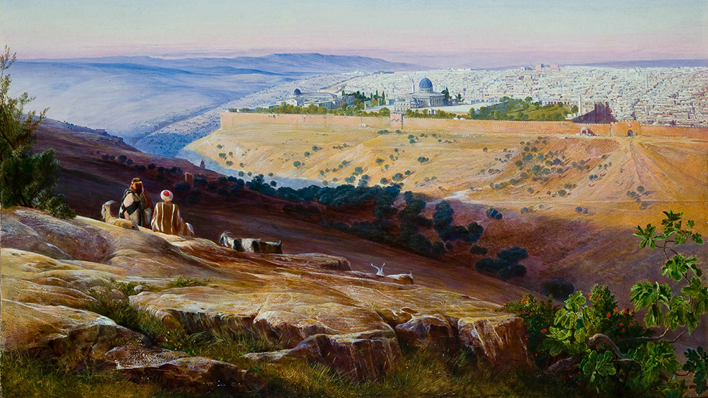 Maleri av to mennesker som ser utover Jerusalem fra Olivenfjellet.