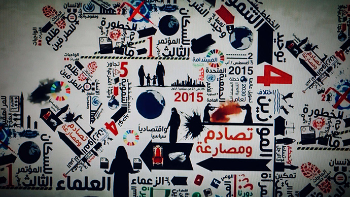 Screenshot of a campaign with several images and sentences in Arabic.
