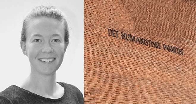 Doktorgradskandidat Marie Eberson Degnæs, vegg med teksten "det humanistiske fakultet"