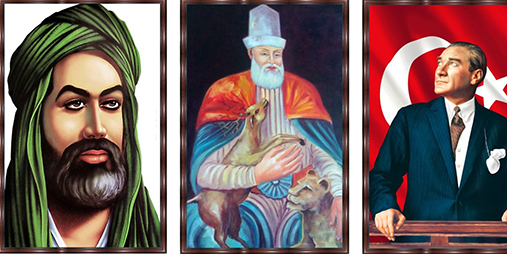 Tre portretter av Alevi, Bektasilik og Ataturk. Illustrasjon.